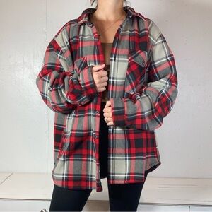 Red + Gray + Black Plaid Flannel Sherpa Lined Shacket